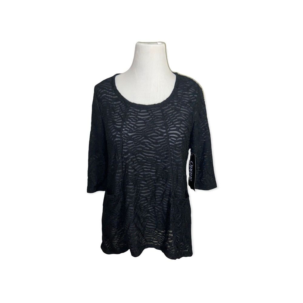 Onque Casual Blouse Size PL Semi Sheer Black Asymmetrical Style ￼